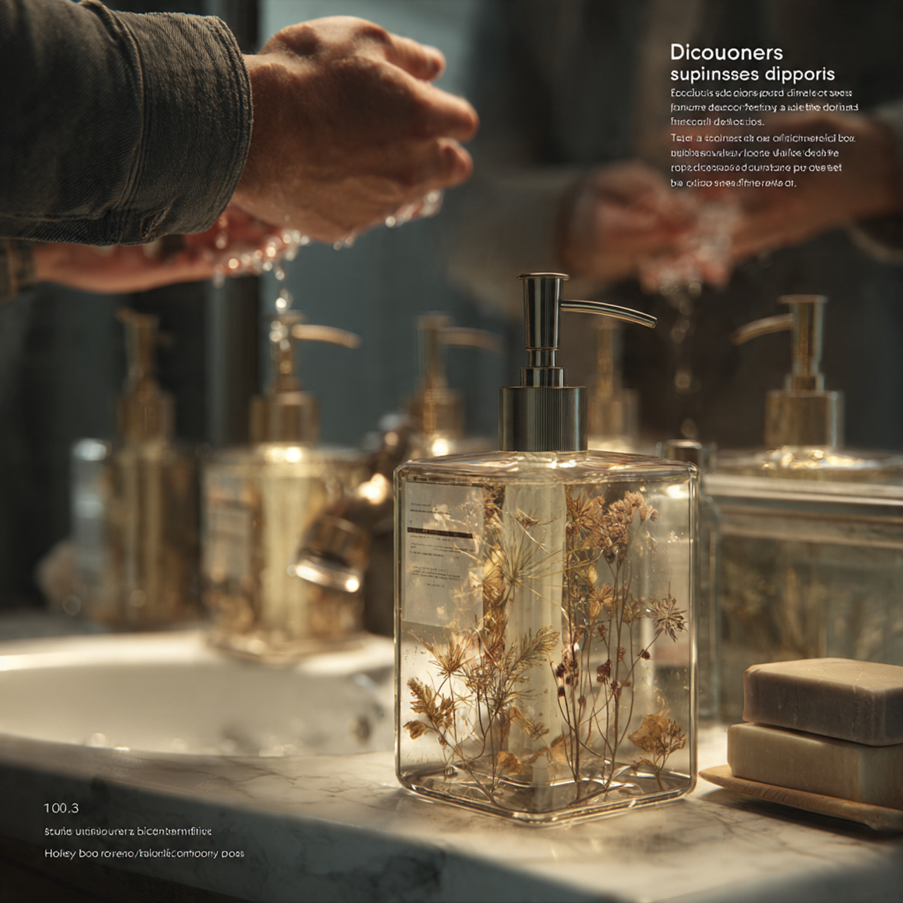 a bathroom vanity with glass soap dispensers decor