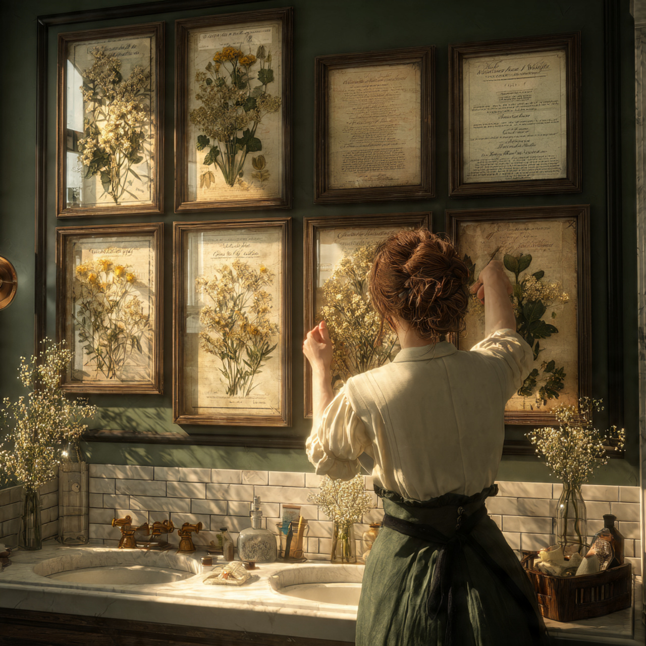 a bathroom wall adorned with framed pressed flower
