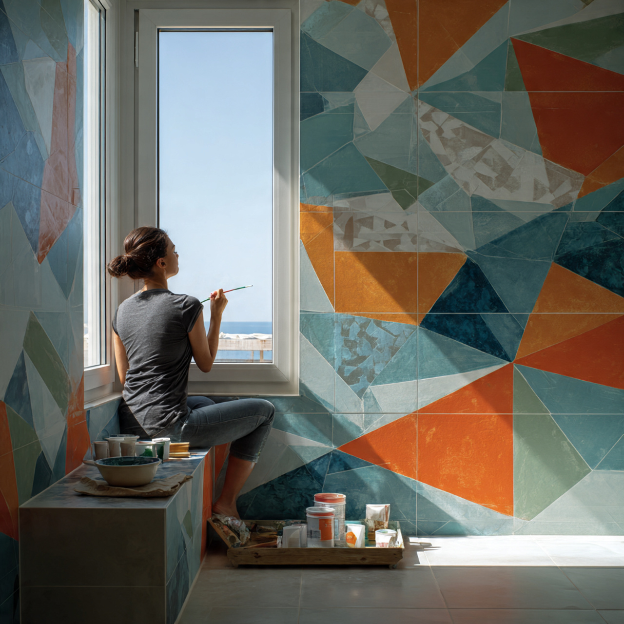 a bathroom wall decorated with sharp geometric pai