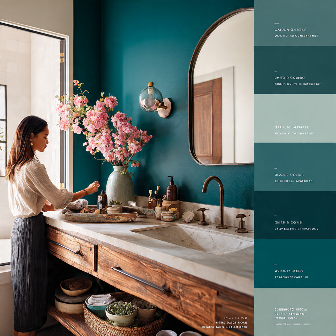 a bathroom with a deep teal painted accent wall be 1