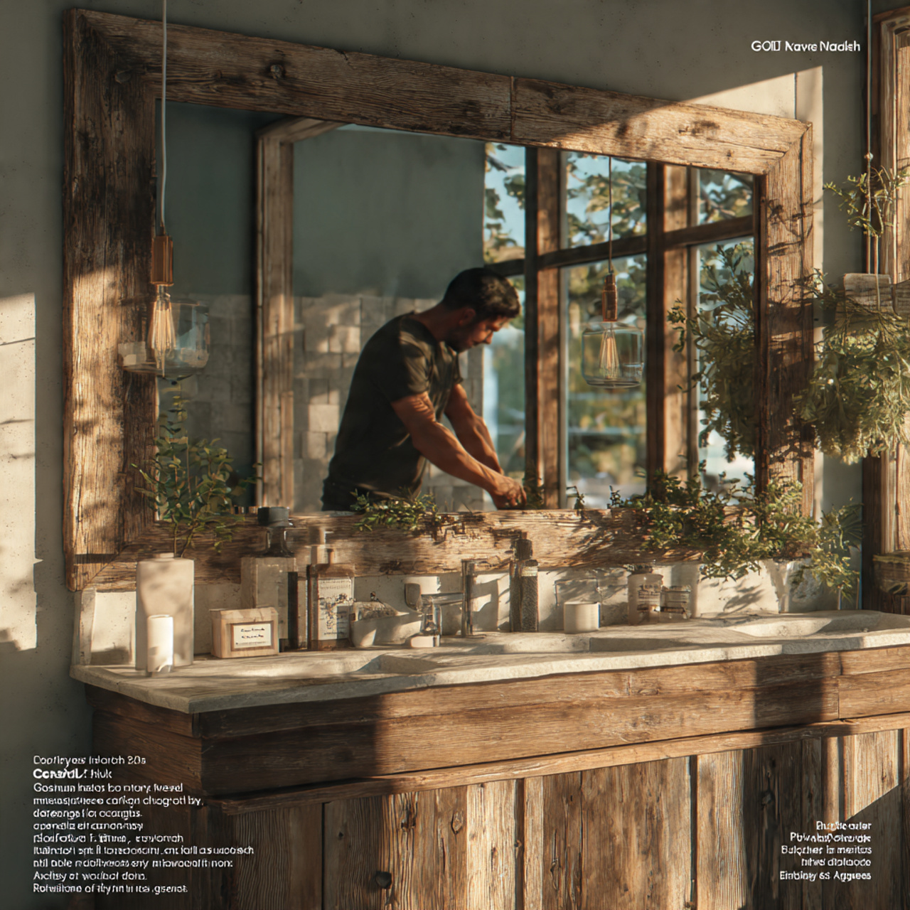a bathroom with a large mirror framed in reclaimed