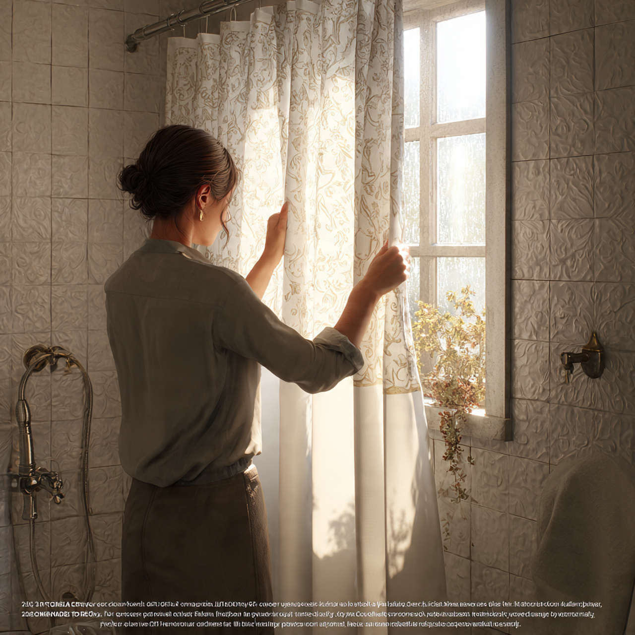 a bathroom with a plain shower curtain enhanced by