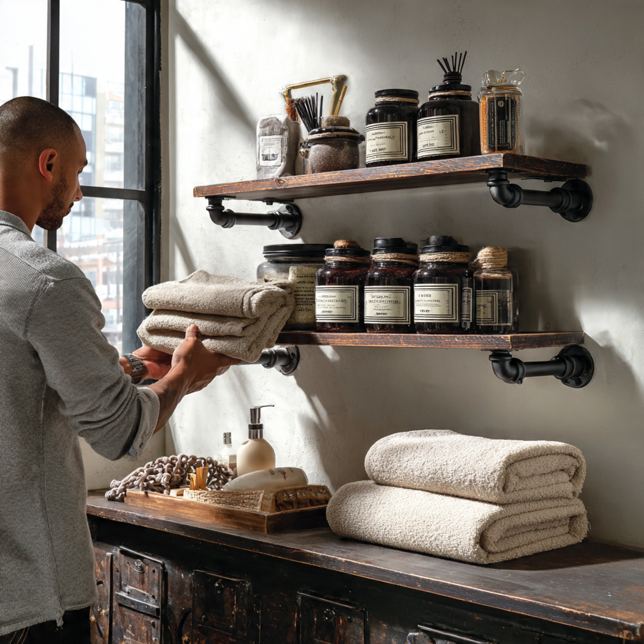 a bathroom with black iron pipe shelving mounted o