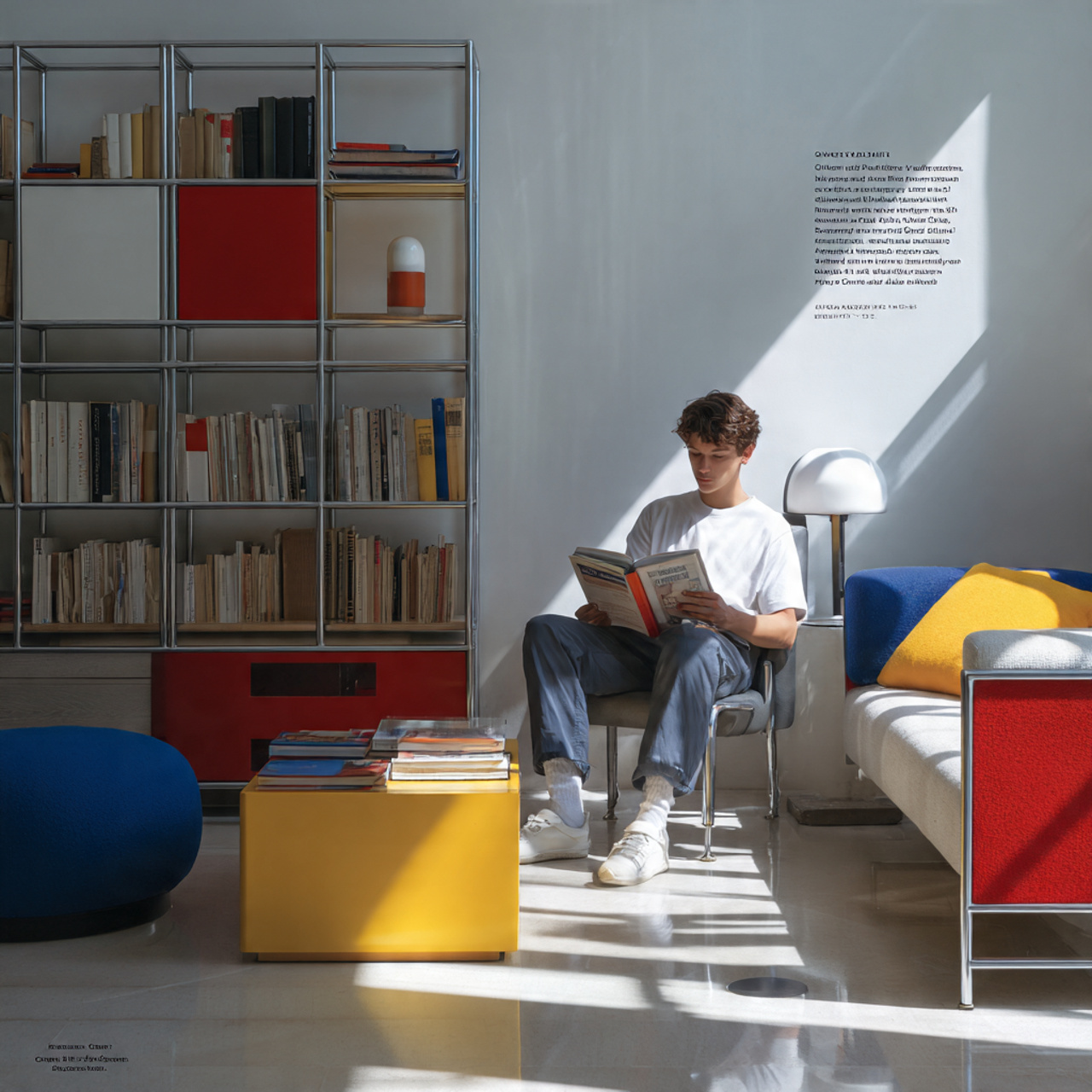 a bauhaus inspired living room with geometric furn