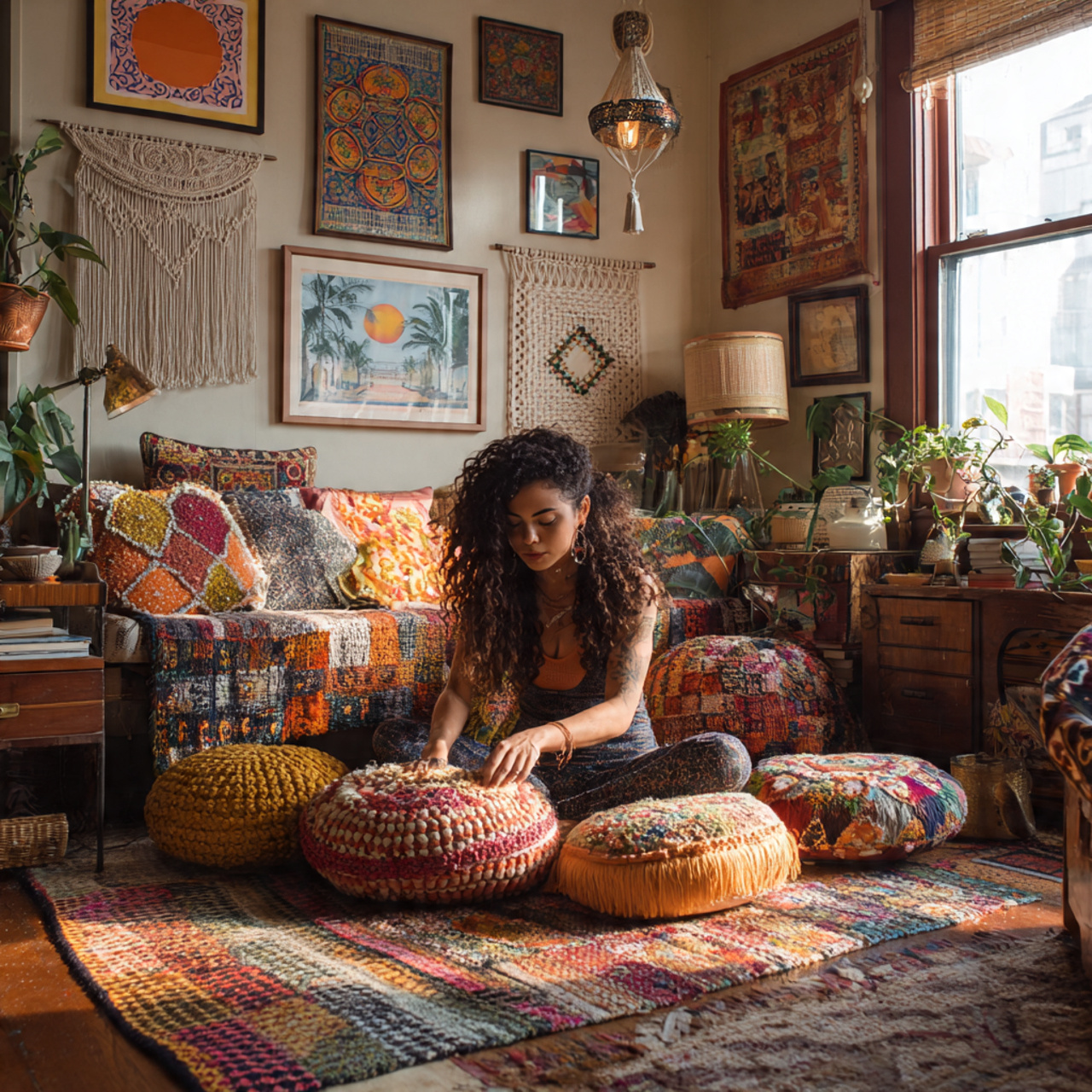 a bohemian eclectic living room with layered rugs