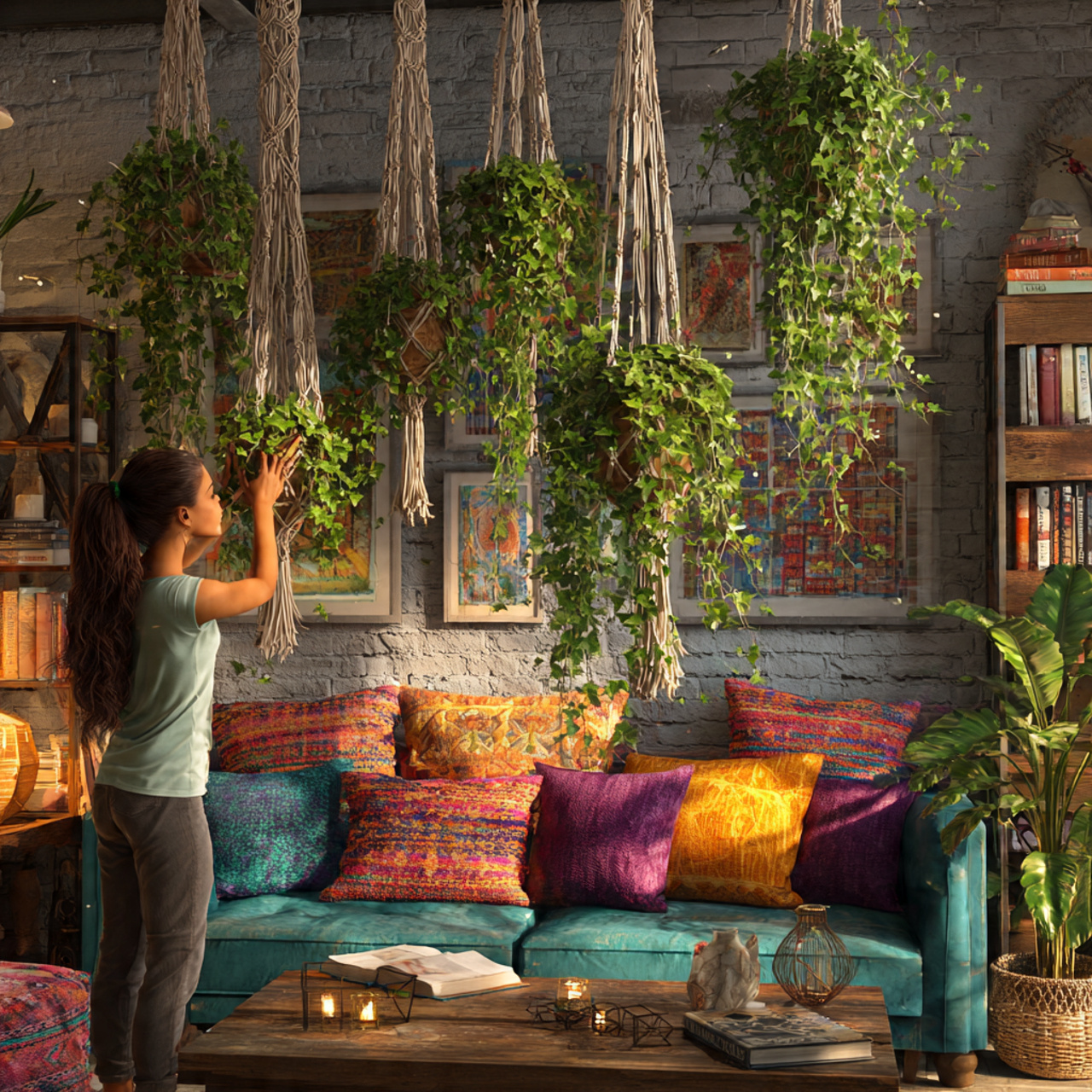 a bohemian style living room with several english