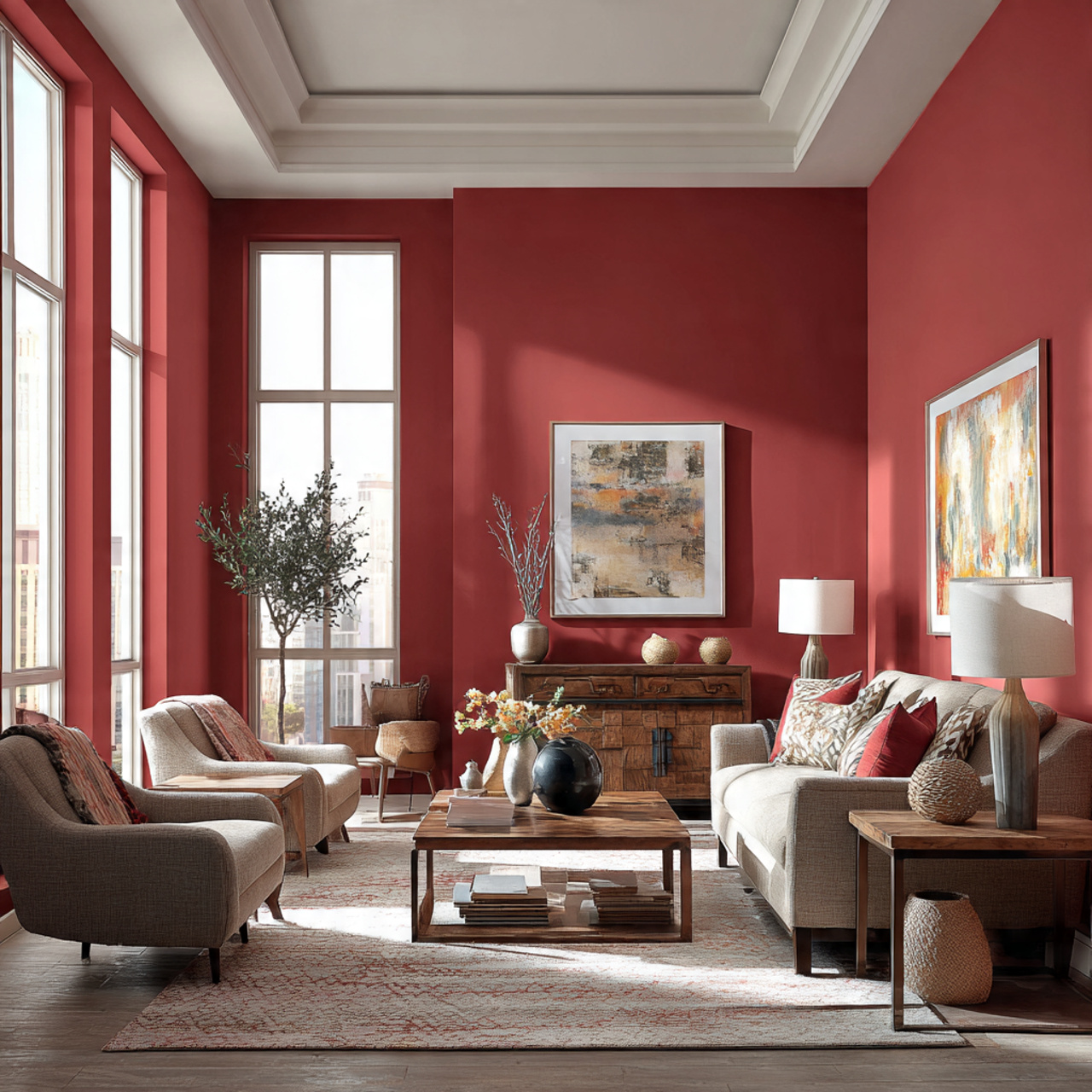 a bold energetic living room with crimson red wall