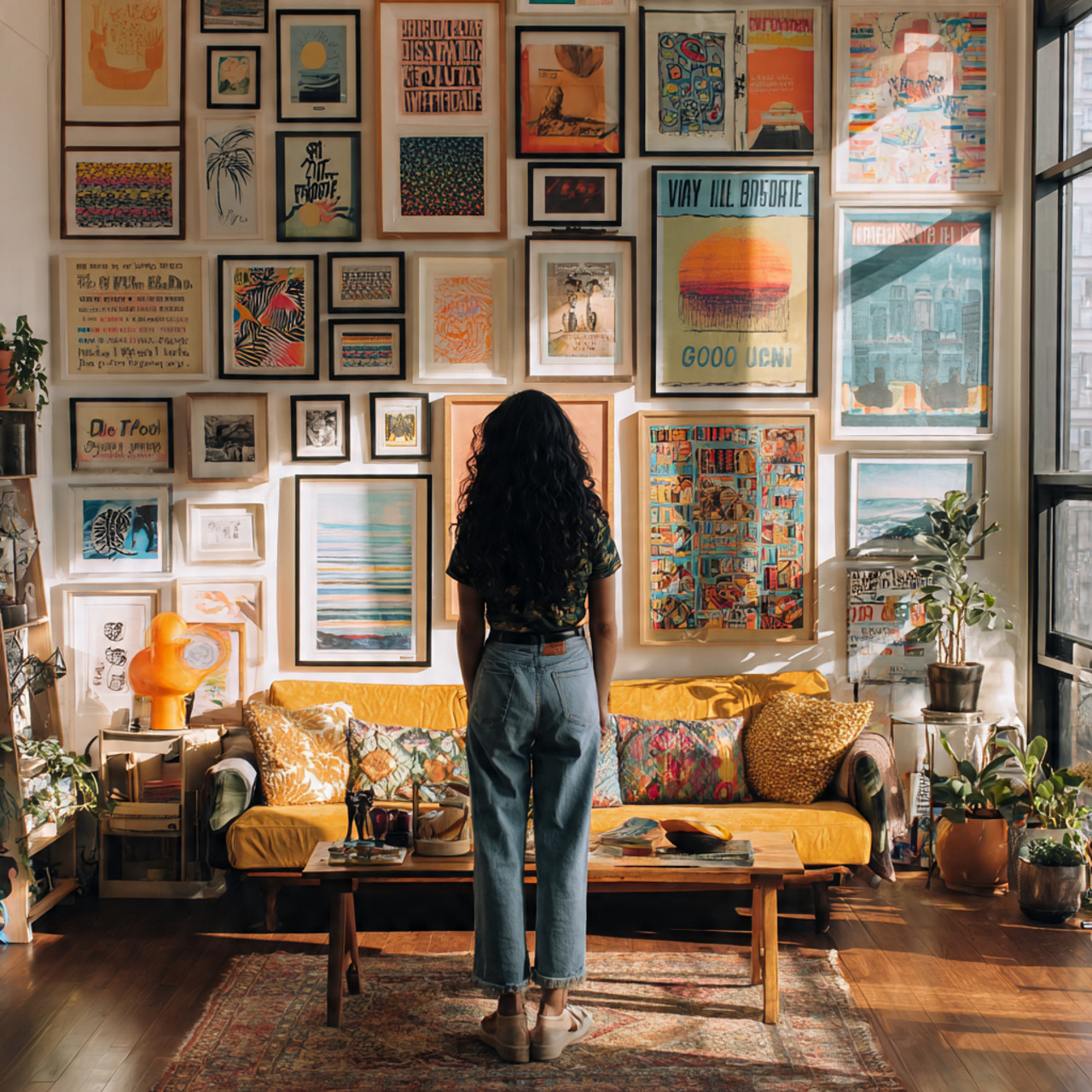 a bold living room with a maximalist floor to ceil
