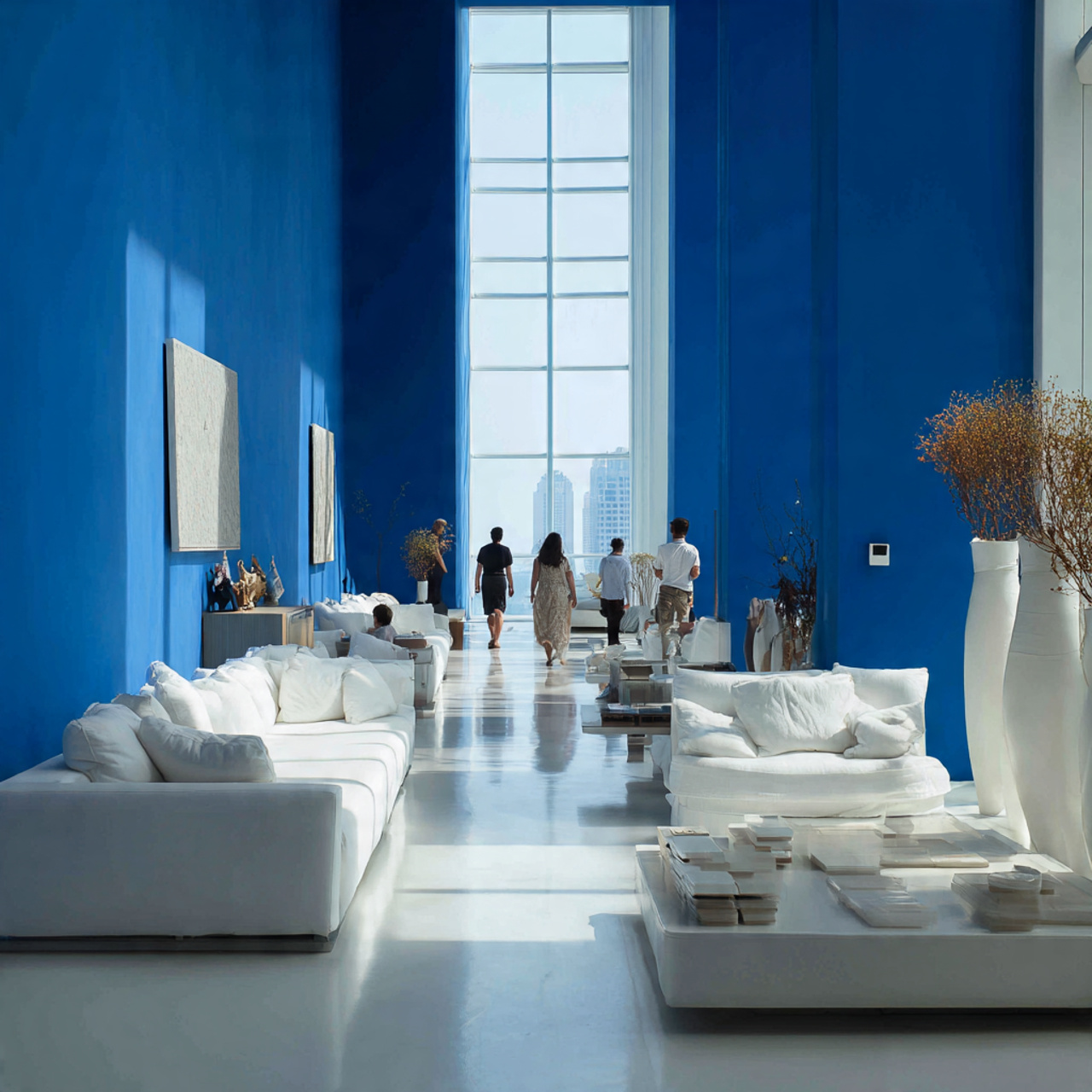 a bold modern living room with electric blue walls