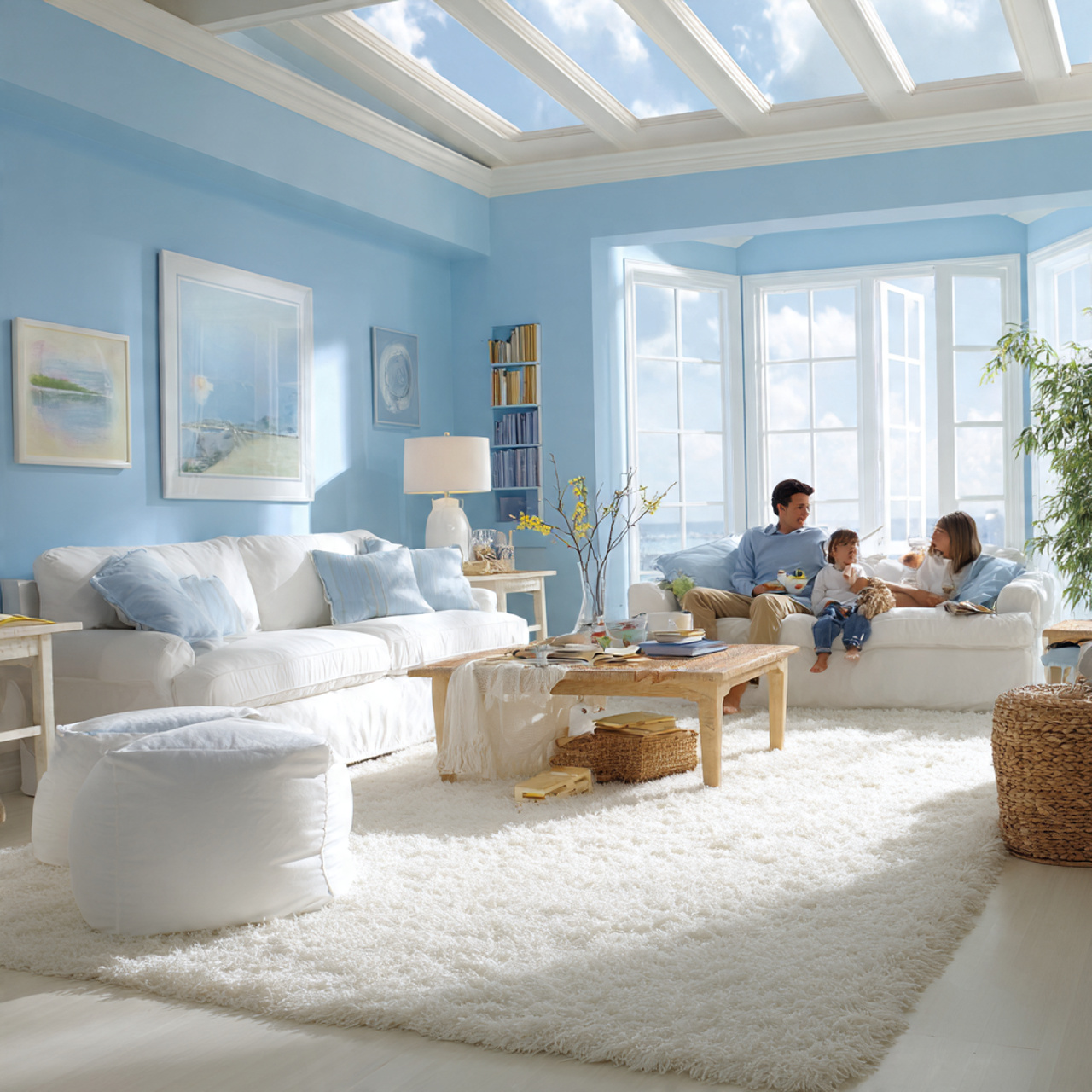 a bright airy living room featuring sky blue walls