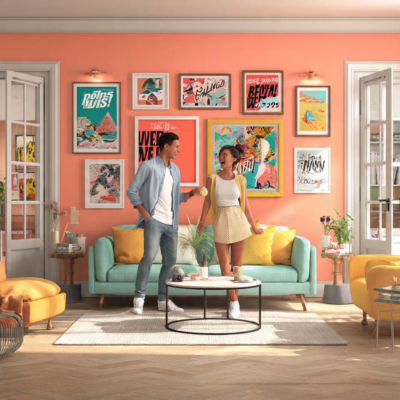 a bright and cheerful living room with peachy cora