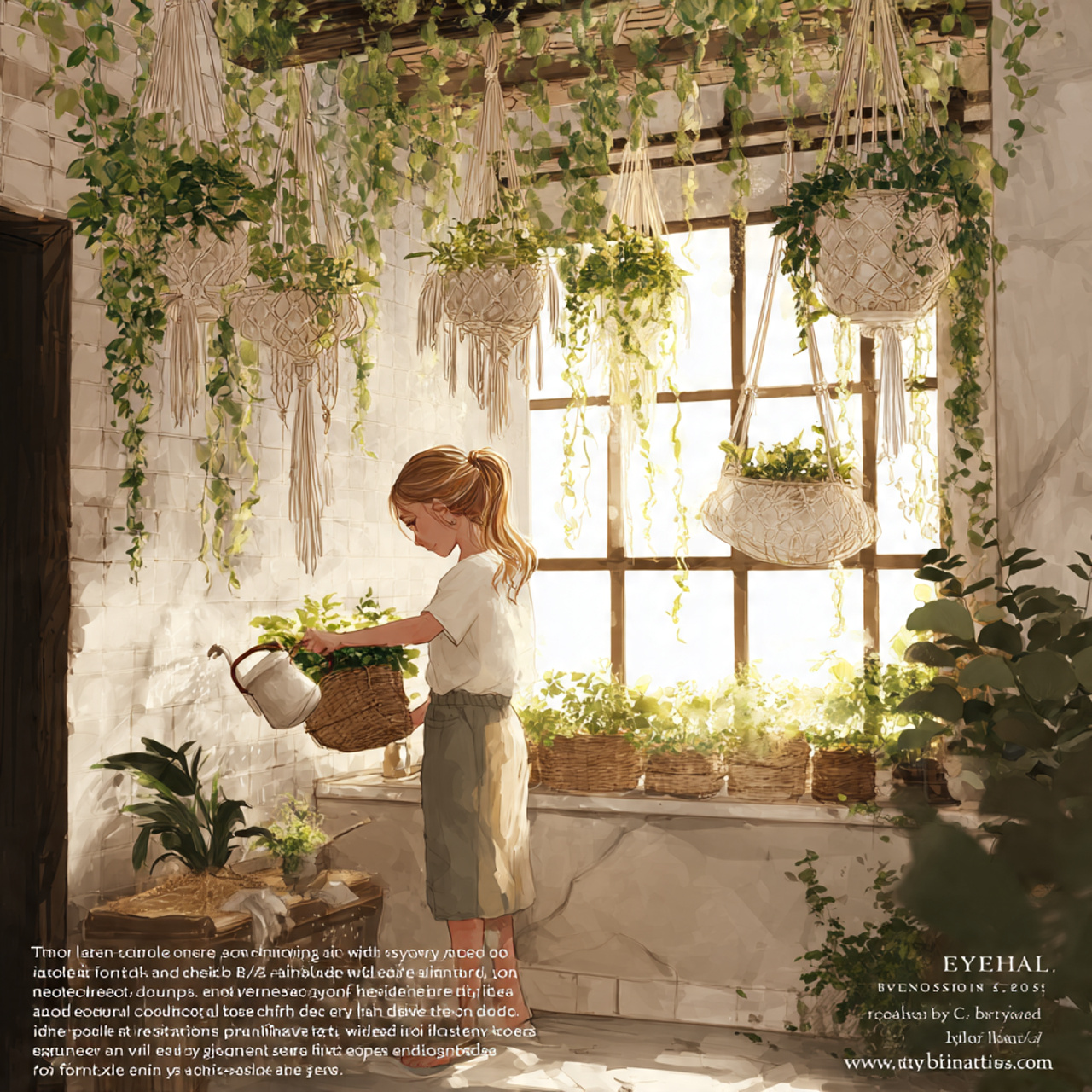 a bright bathroom with macrame plant hangers suspe