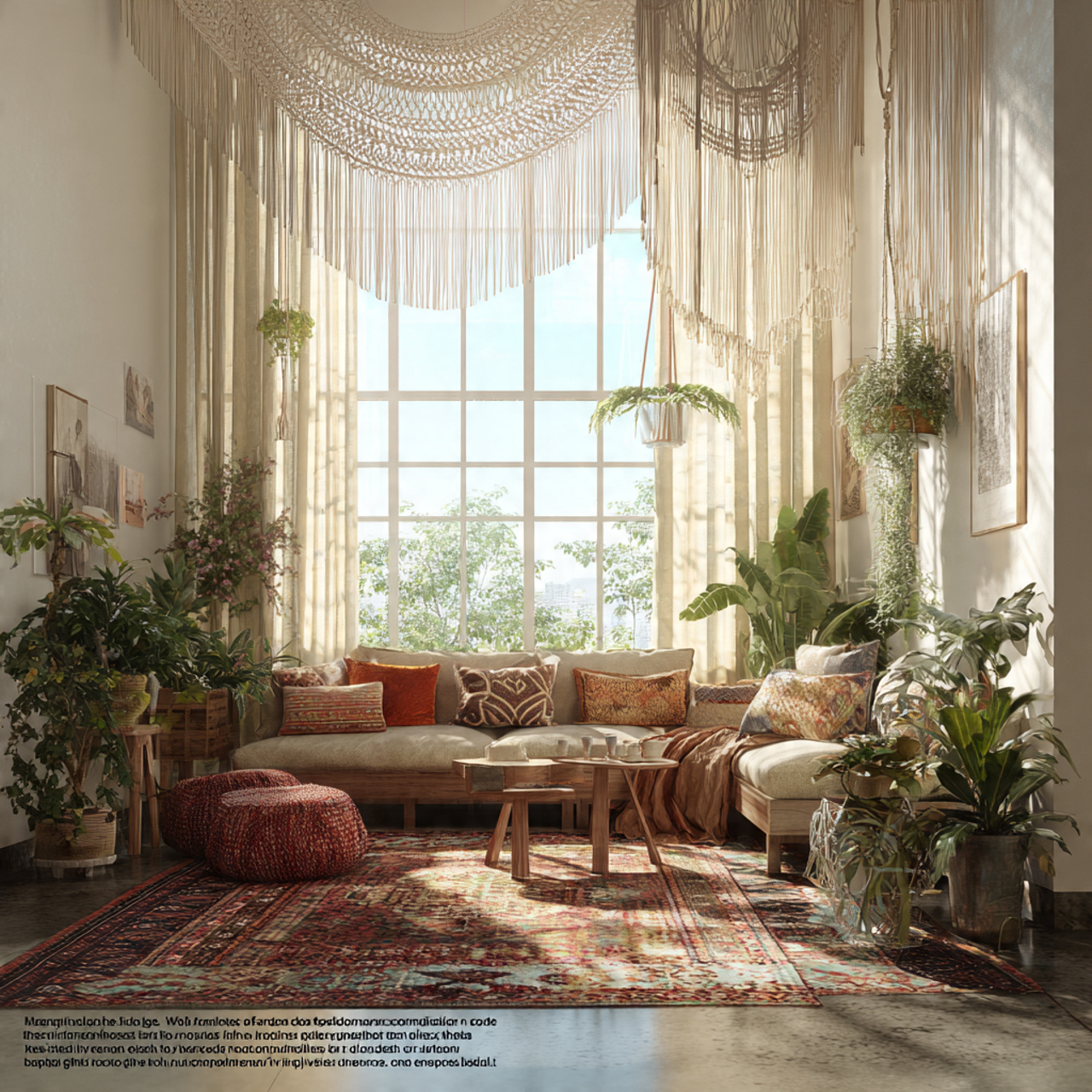 a bright eclectic living room showcasing bohemian