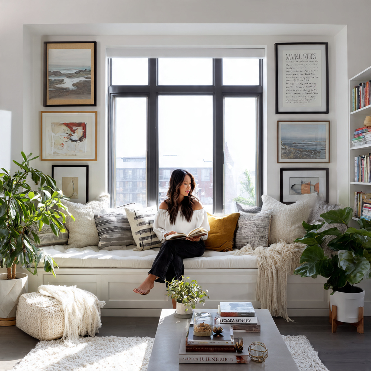 a bright living room featuring a large picture win