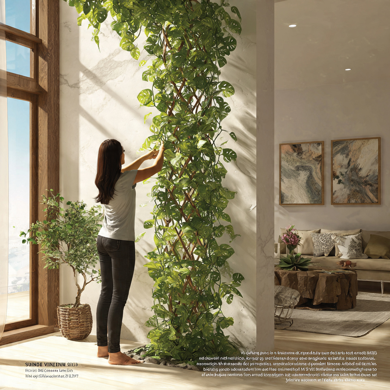 a bright living room featuring a swiss cheese vine