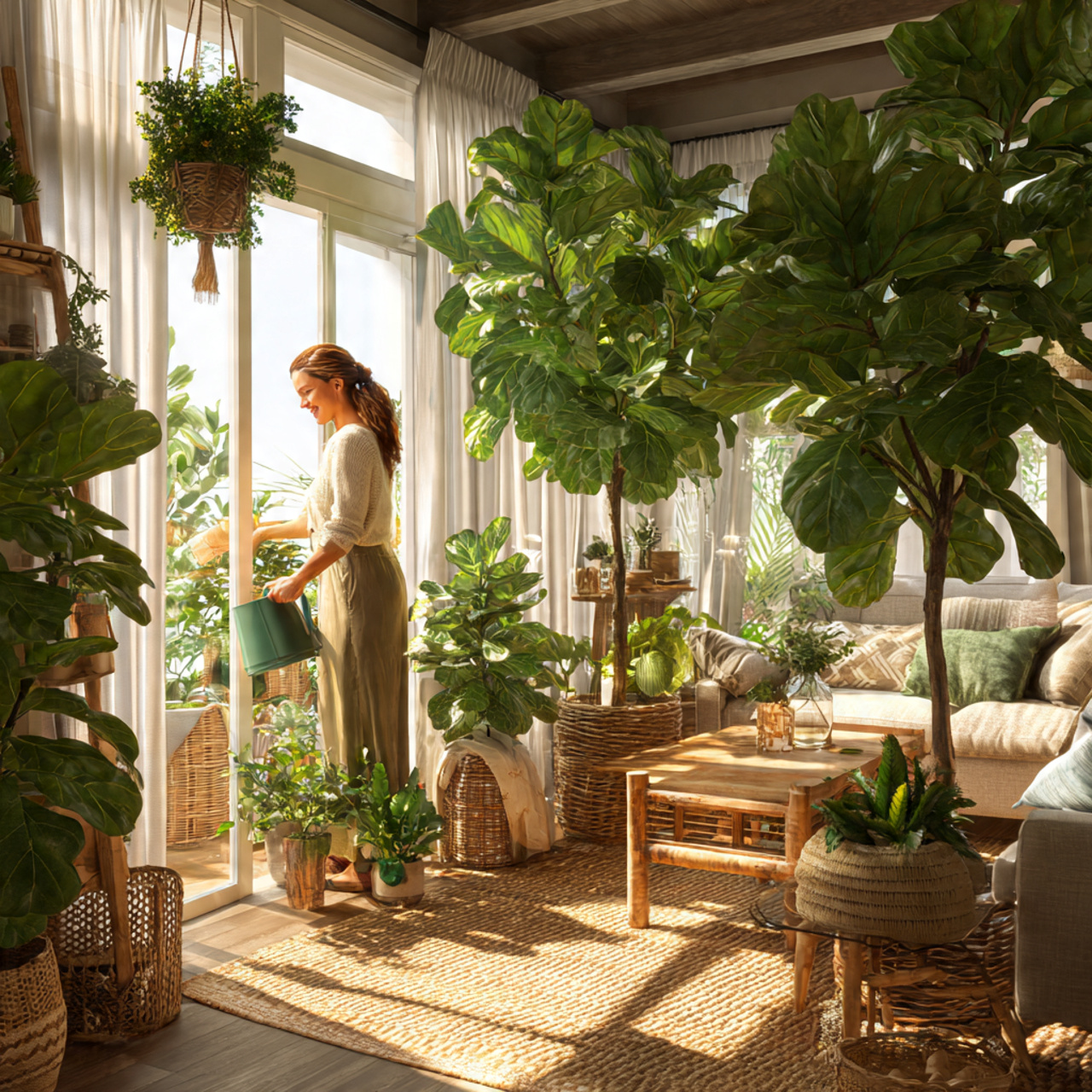 a bright living room filled with indoor plants inc
