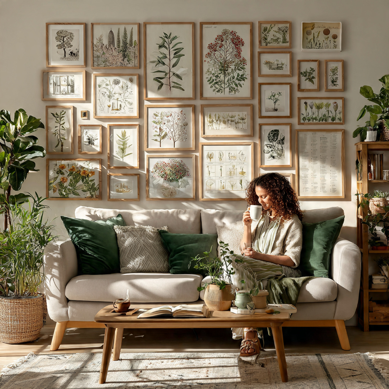 a bright living room with a botanical illustration