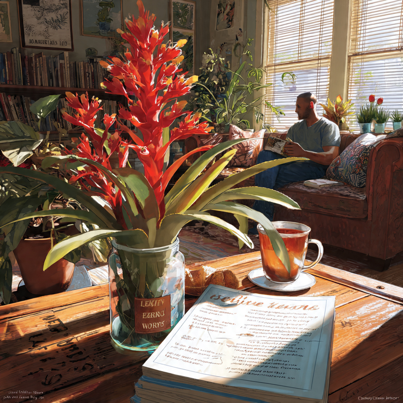 a bright living room with a bromeliad on a coffee