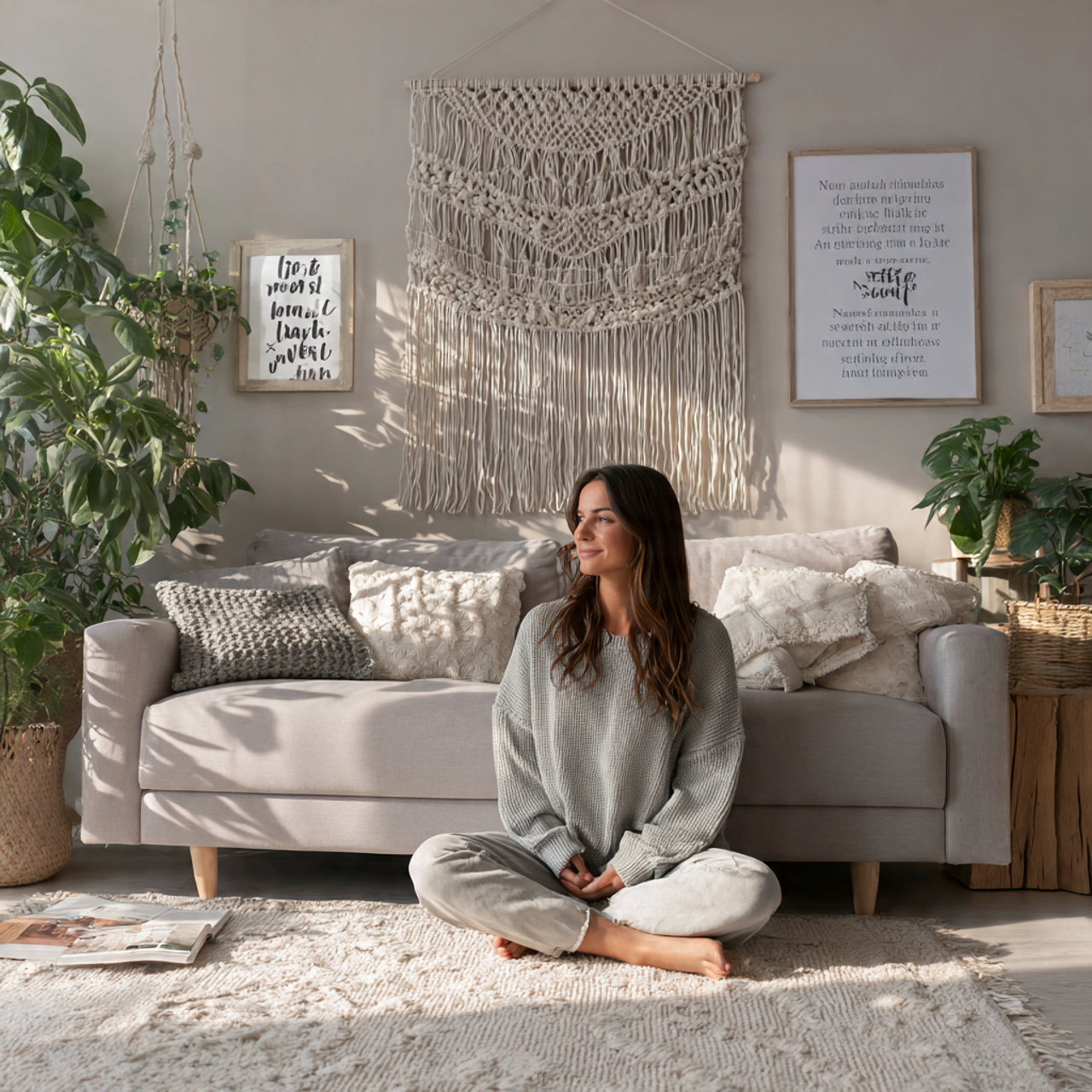 a bright living room with a large modern macram wa