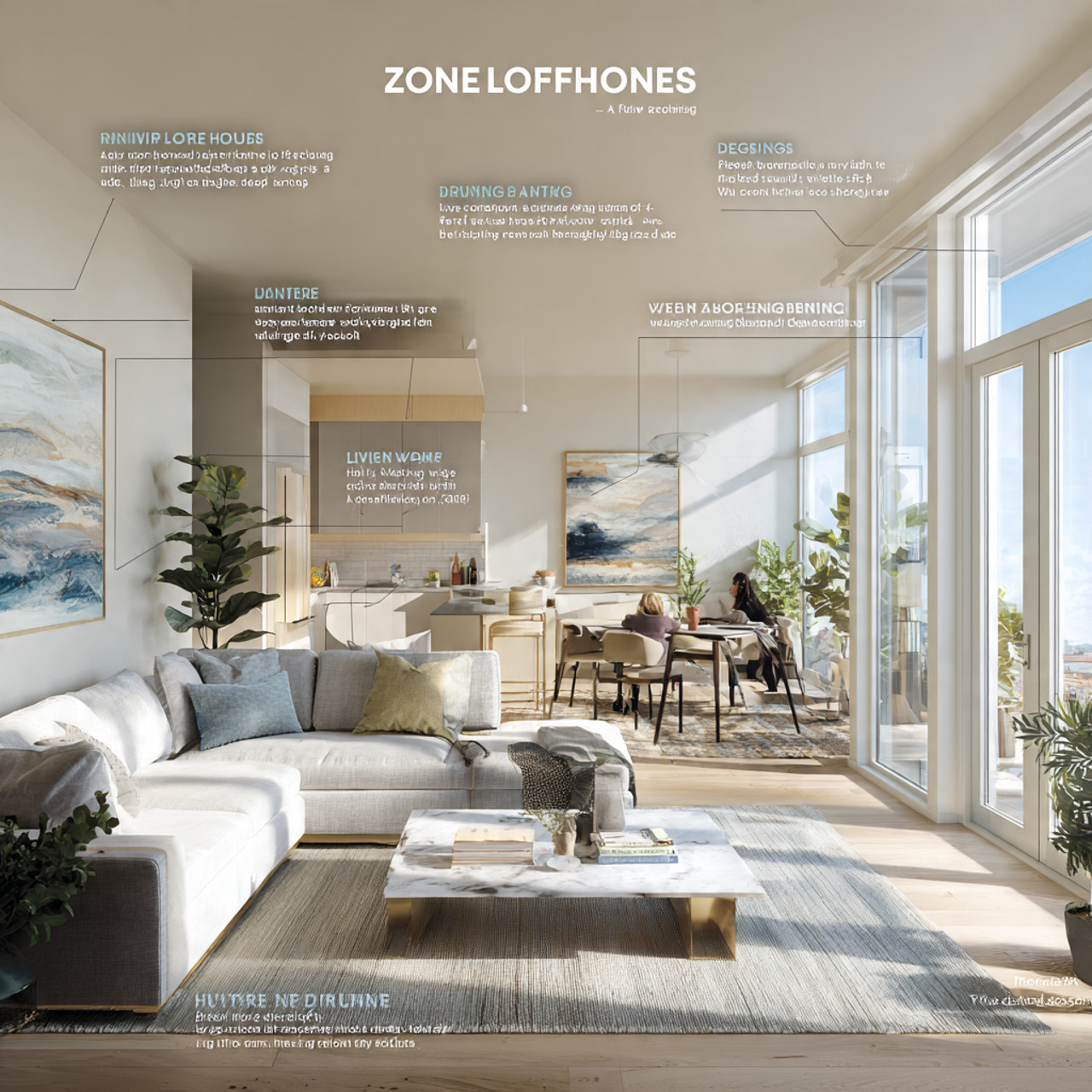 a bright open concept living space with clearly de