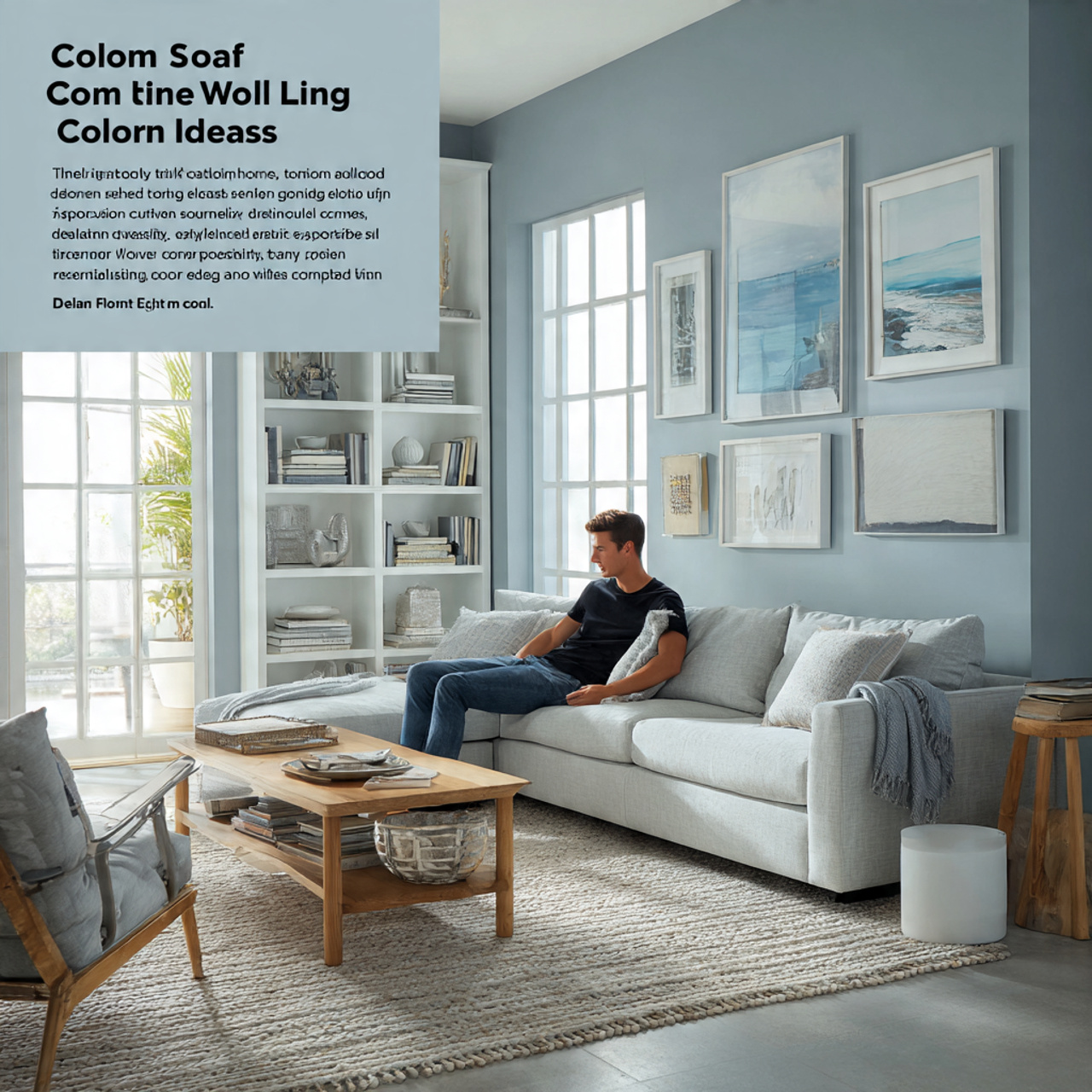 a calm and polished living room with cool slate bl