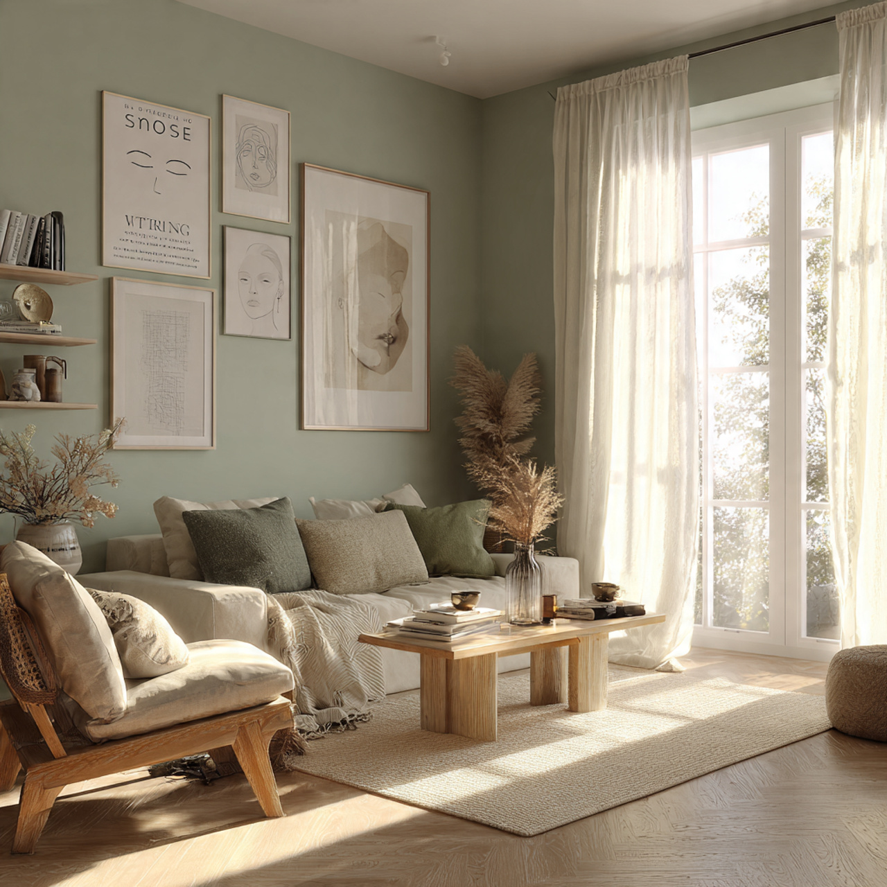 a calm and serene living room with sage green wall