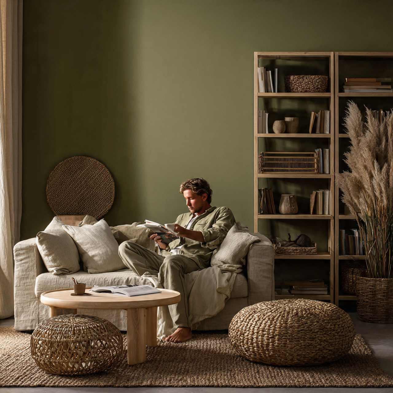 a calm earthy living room with olive green walls a