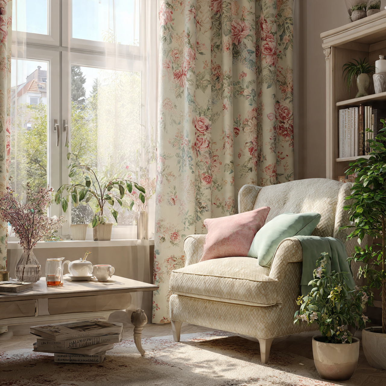 a charming living room with romantic floral patter