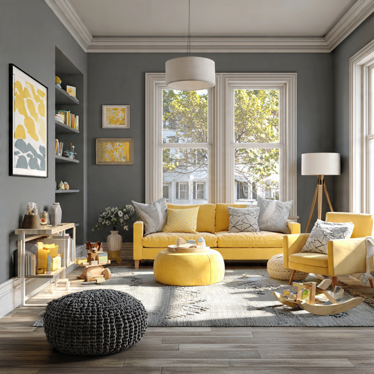 a cheerful living room featuring sunny yellow acce