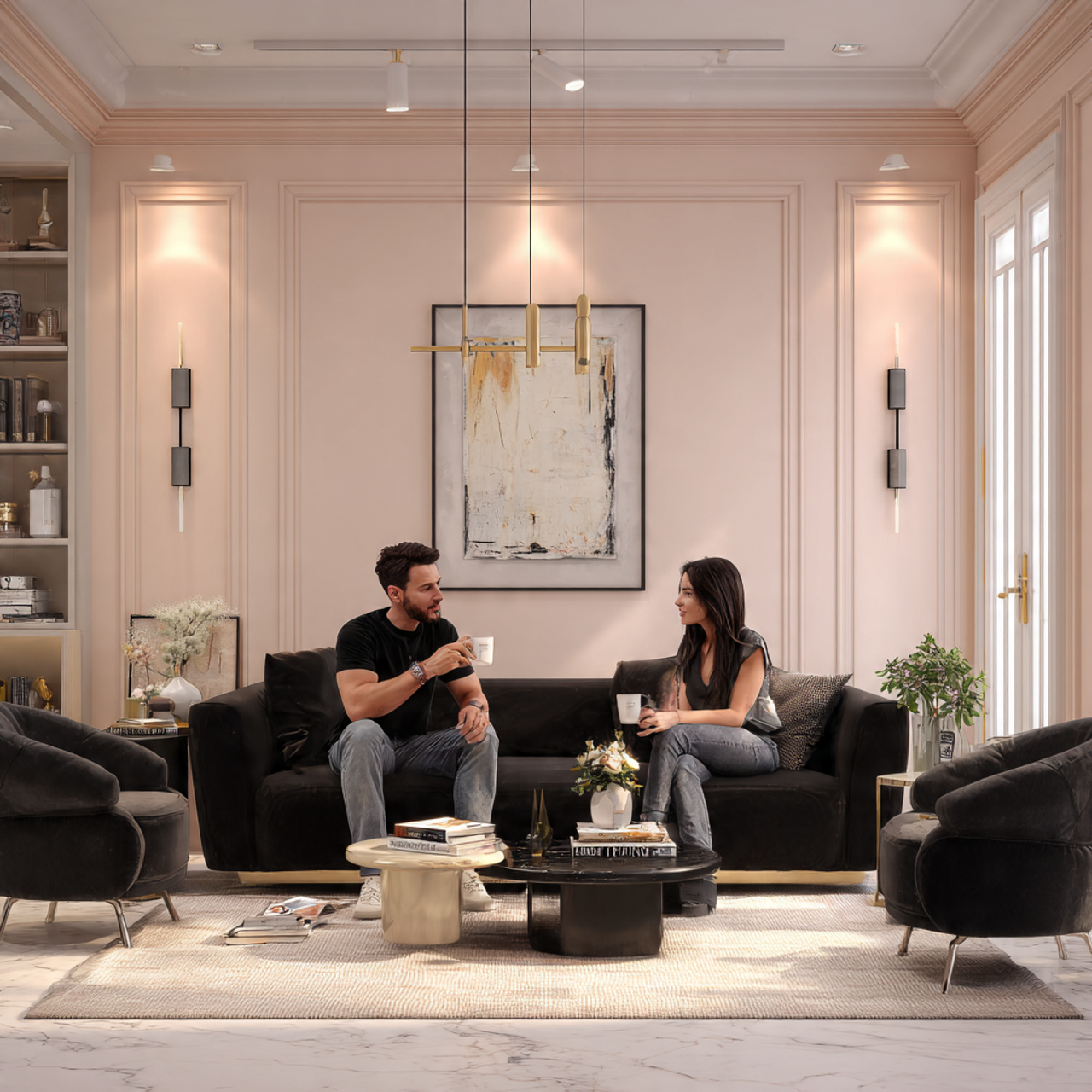 a chic and sophisticated living room with pale blu