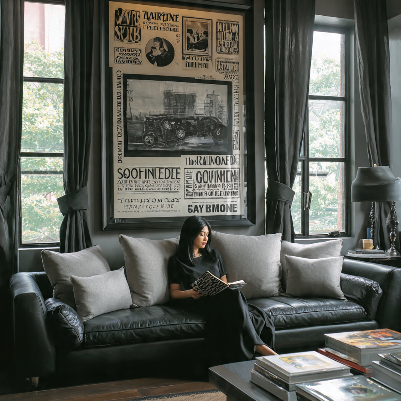 a chic living room with a large black and white ci