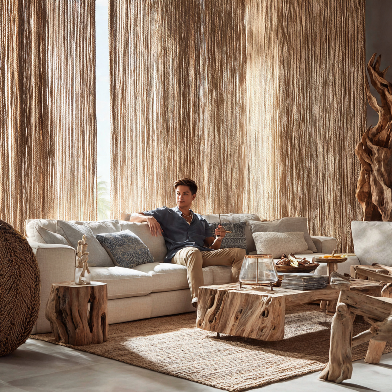 a coastal inspired living room featuring living ro