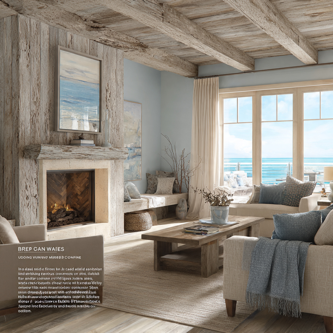 a coastal inspired living room with fireplace idea