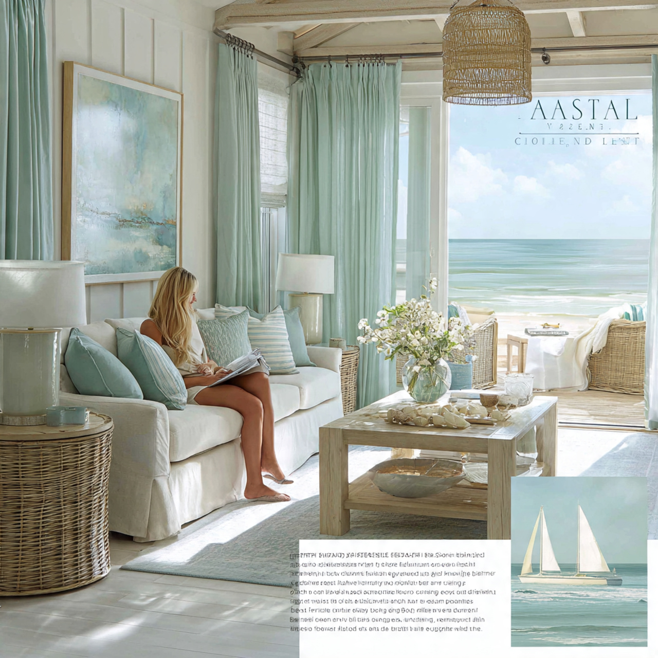 a coastal inspired living room with whitewashed wa