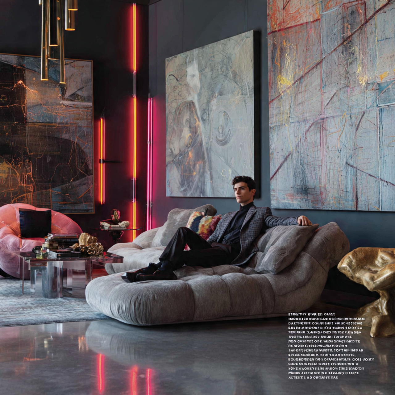 a contemporary high fashion living room with sculp