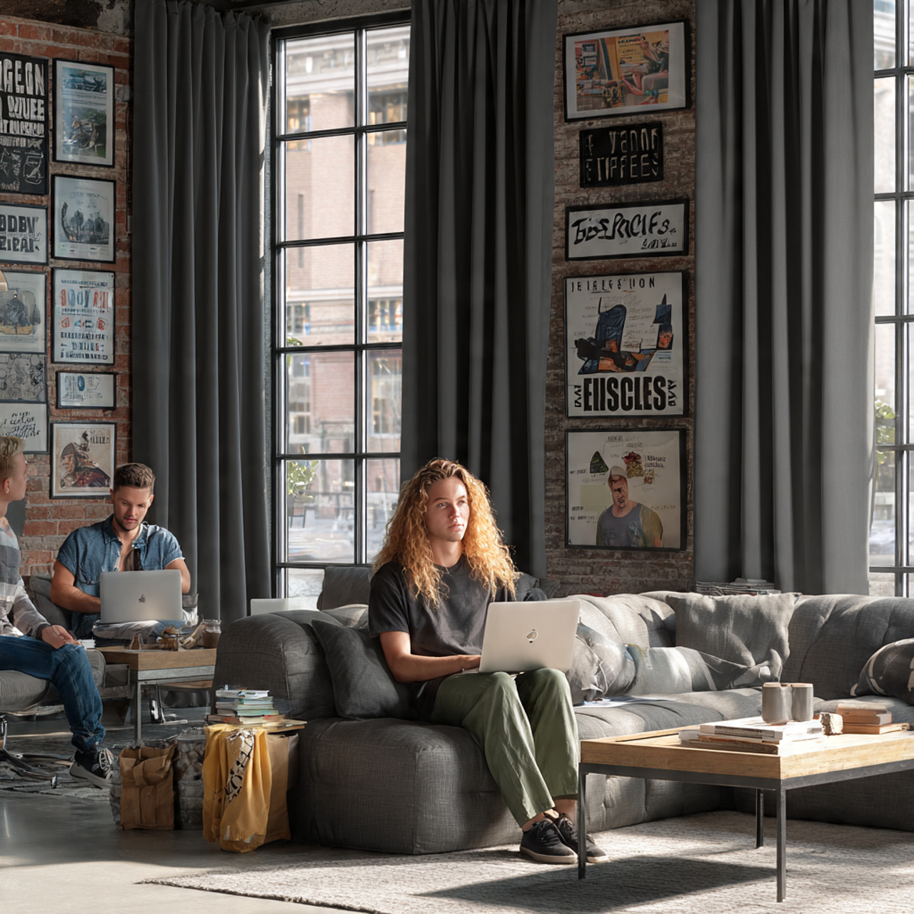 a contemporary industrial style living room featur