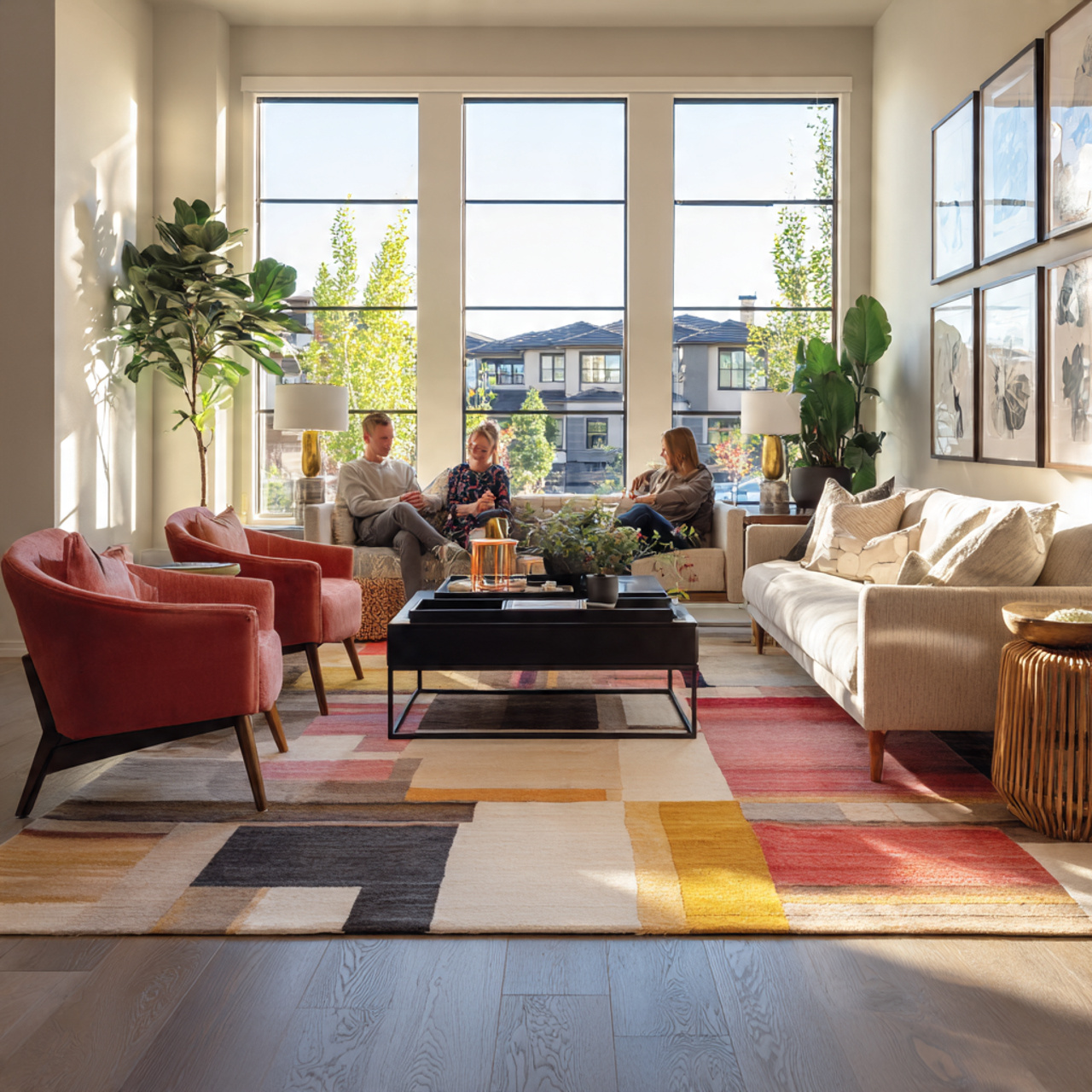 a contemporary living room with a bold colorful st