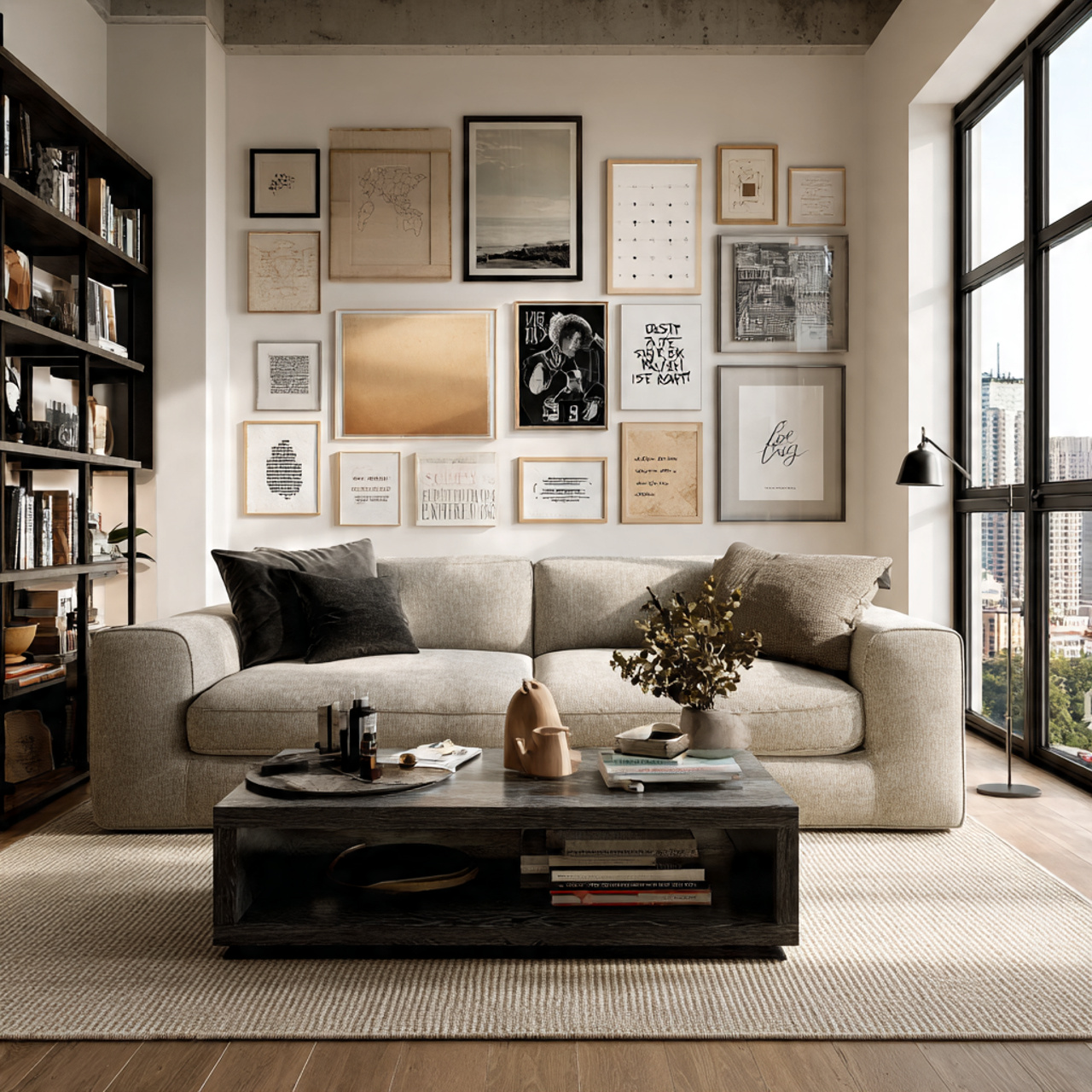 a contemporary living room with a large gallery wa