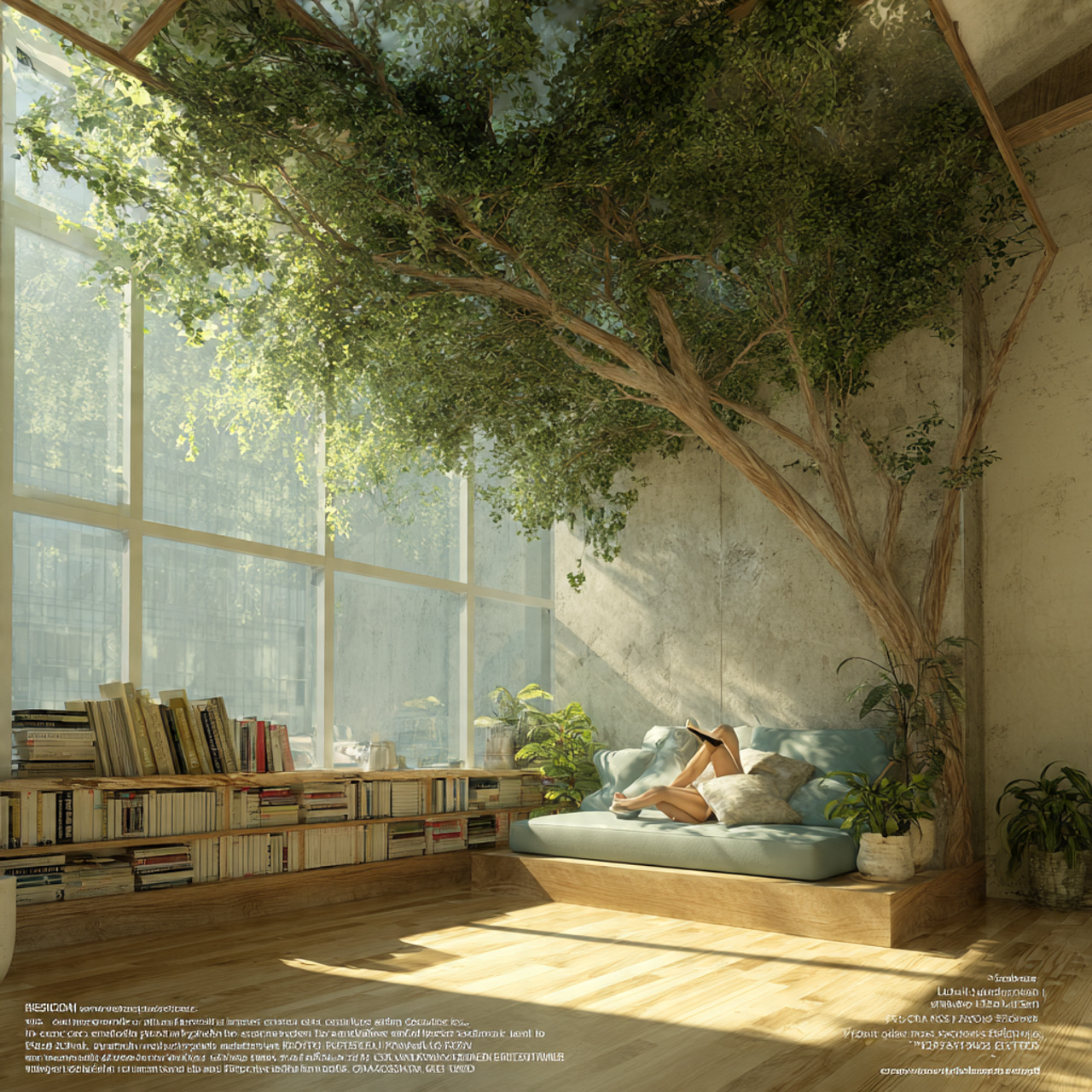 a contemporary living room with a large weeping fi