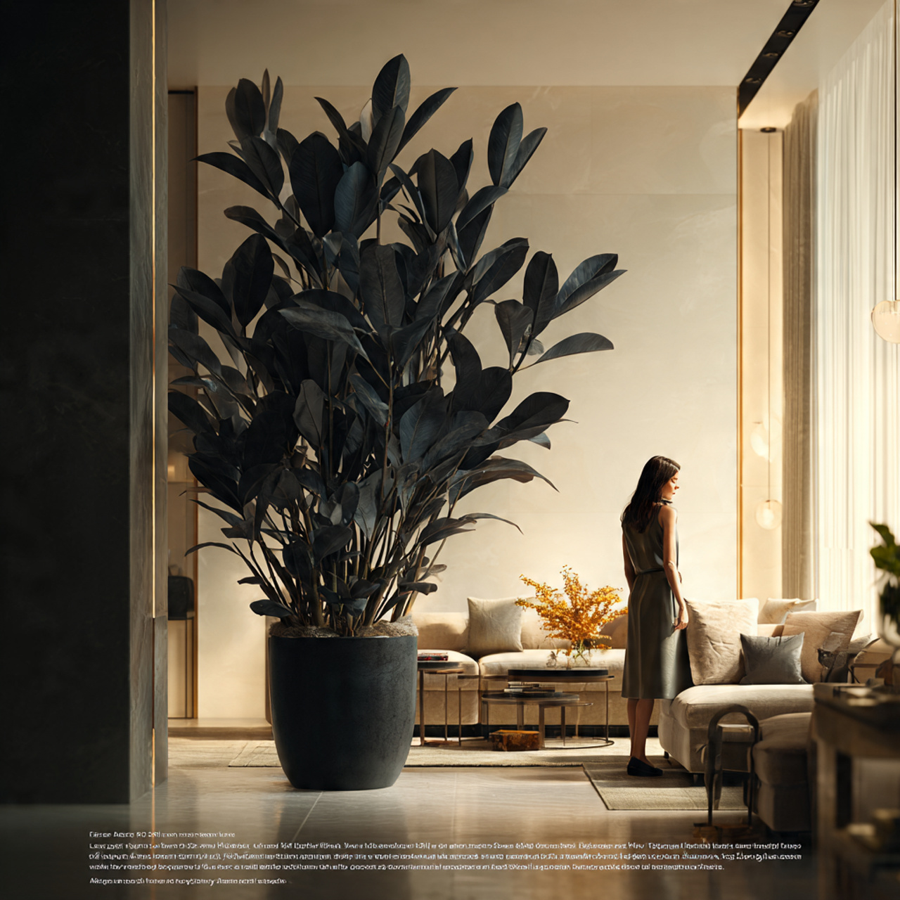 a contemporary living room with a raven zz plant i