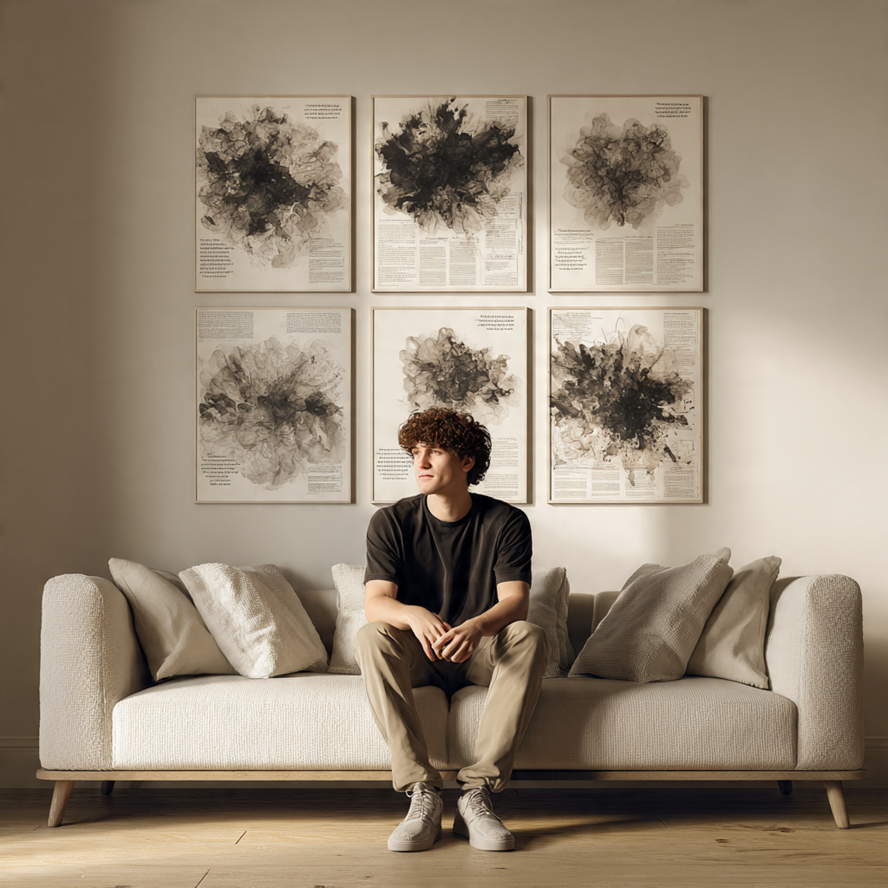 a contemporary living room with a series of abstra