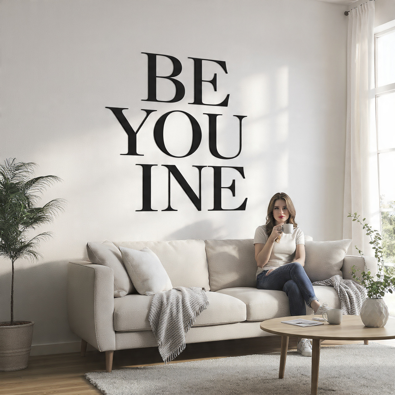 a contemporary living room with bold typographic w