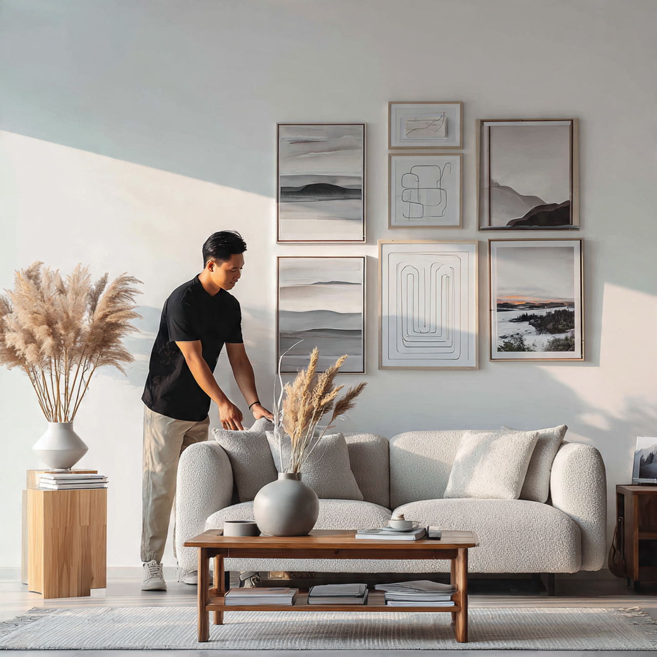 a contemporary living room with minimalist line ar