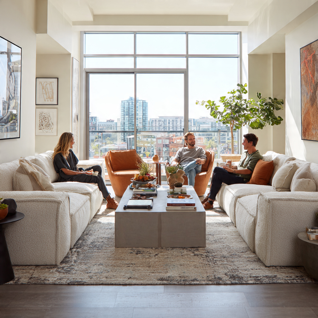 a contemporary living room with two full sized sof