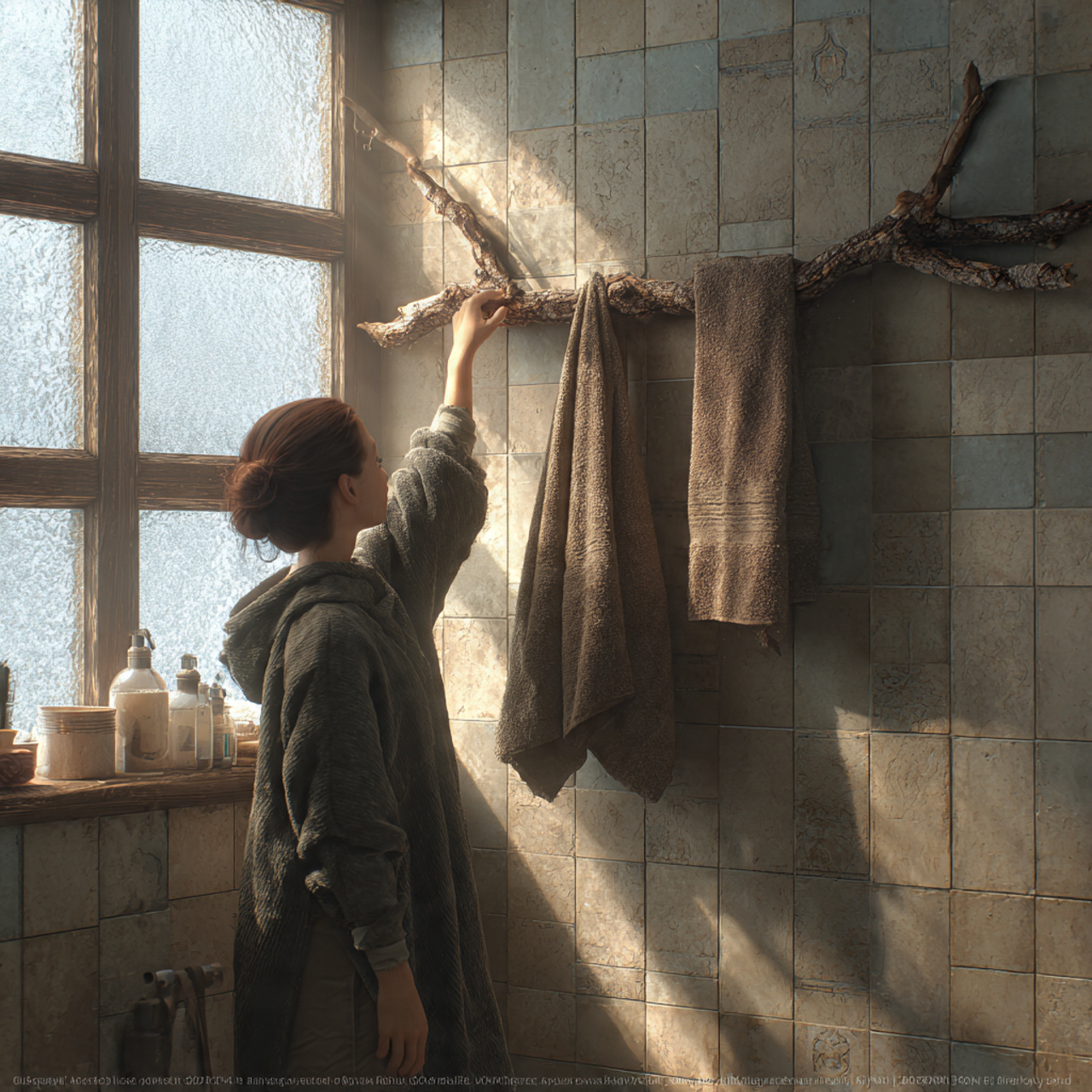 a cozy bathroom with a natural wooden branch mount