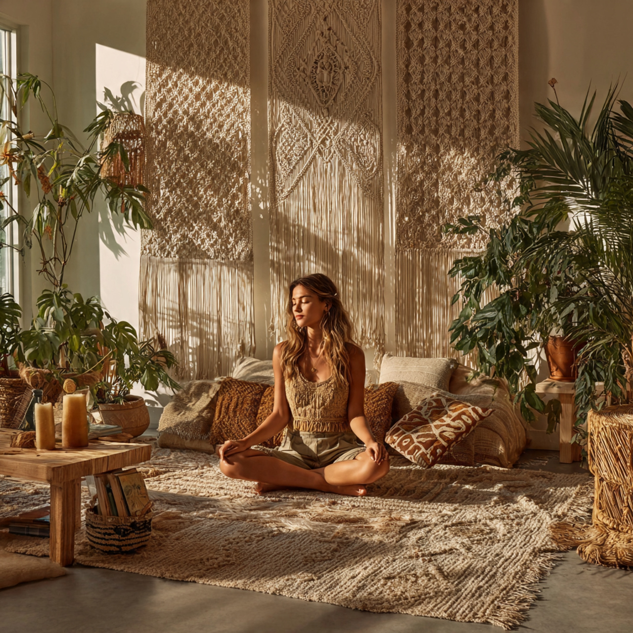 a cozy bohemian living room featuring living room