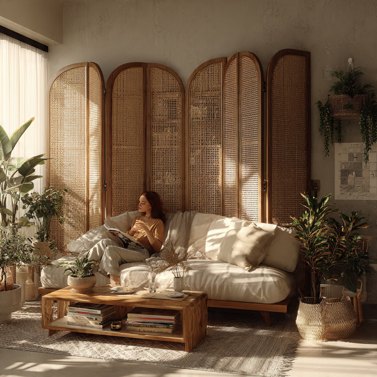 a cozy bohemian living room showcasing a living ro