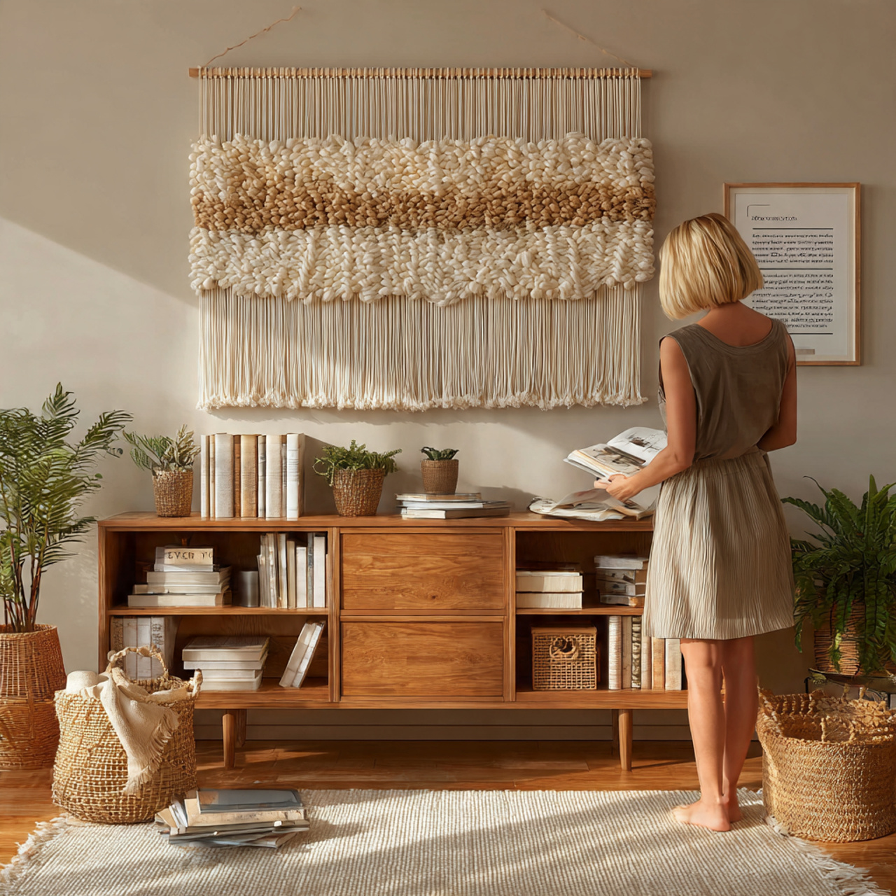 a cozy living room featuring a textured fiber wall