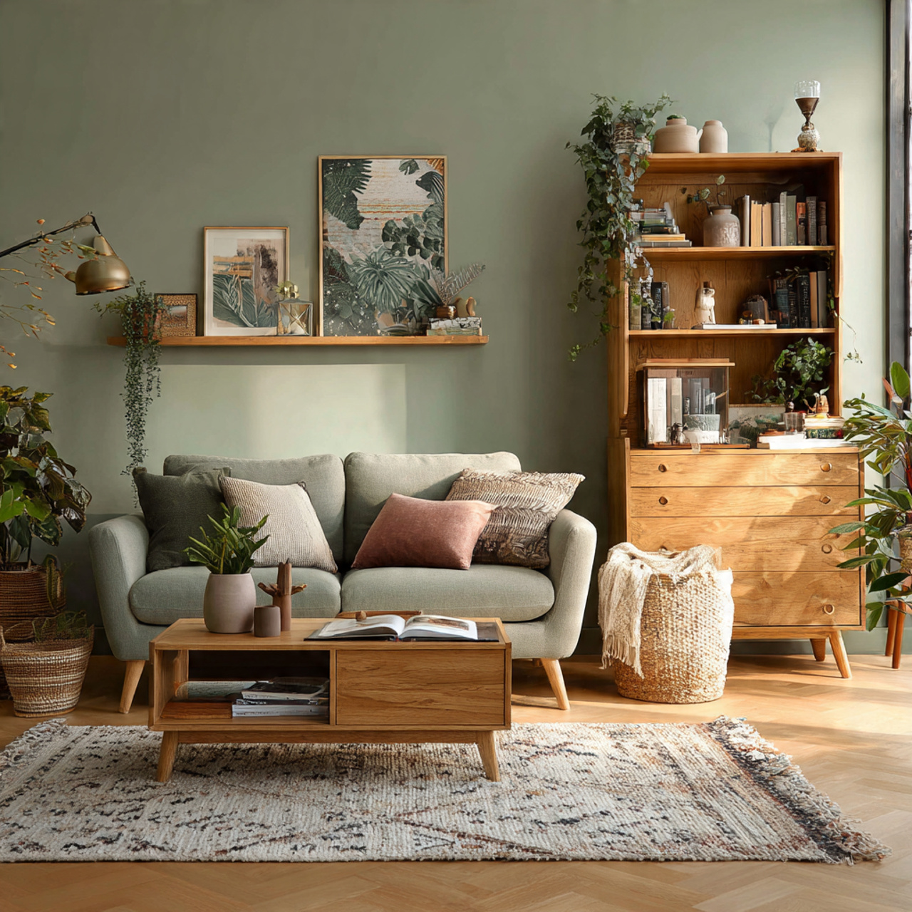 a cozy living room featuring soft sage green walls
