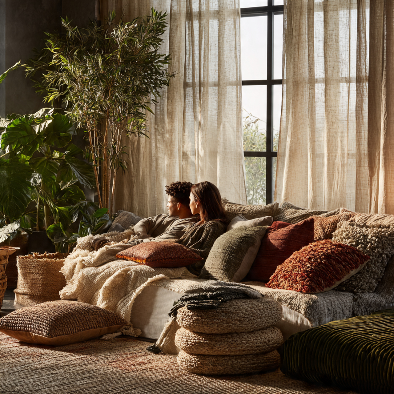 a cozy living room filled with layered textiles in